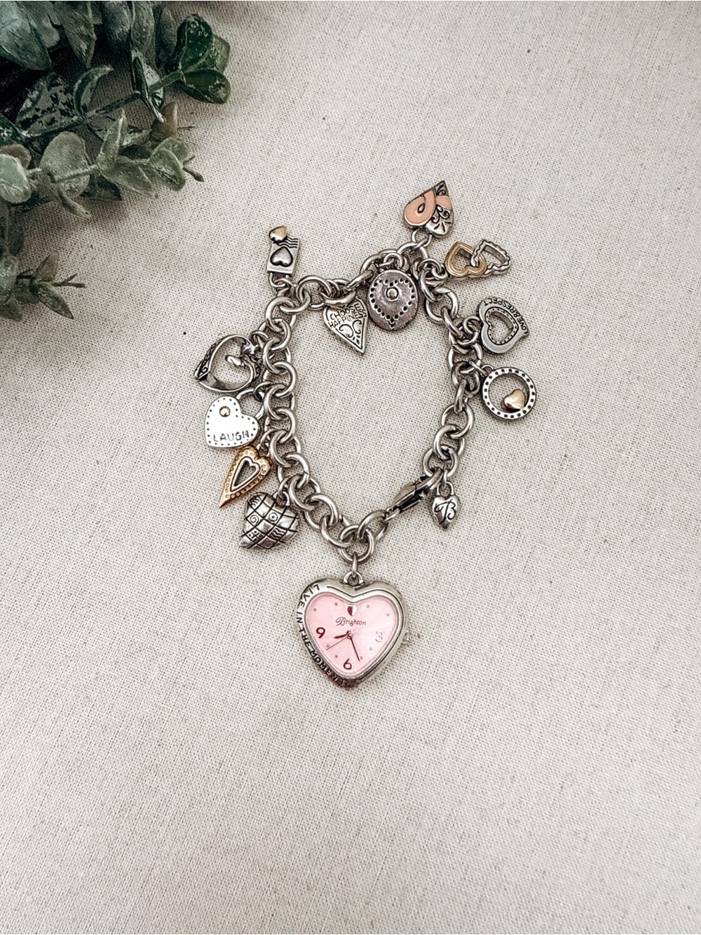 Brighton Heart Charm Watch Bracelet Pink Heart Face Silver Tone Retired